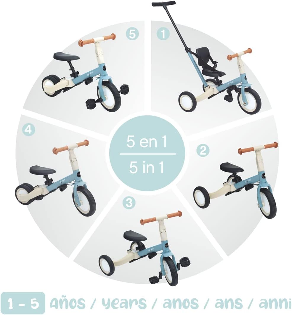 Olmitos Gyro Tricycle évolutif 5-en-1 pour Enfants de 1 à 5 Ans Adaptable et modulable avec ou sans pédales (Bleu)
