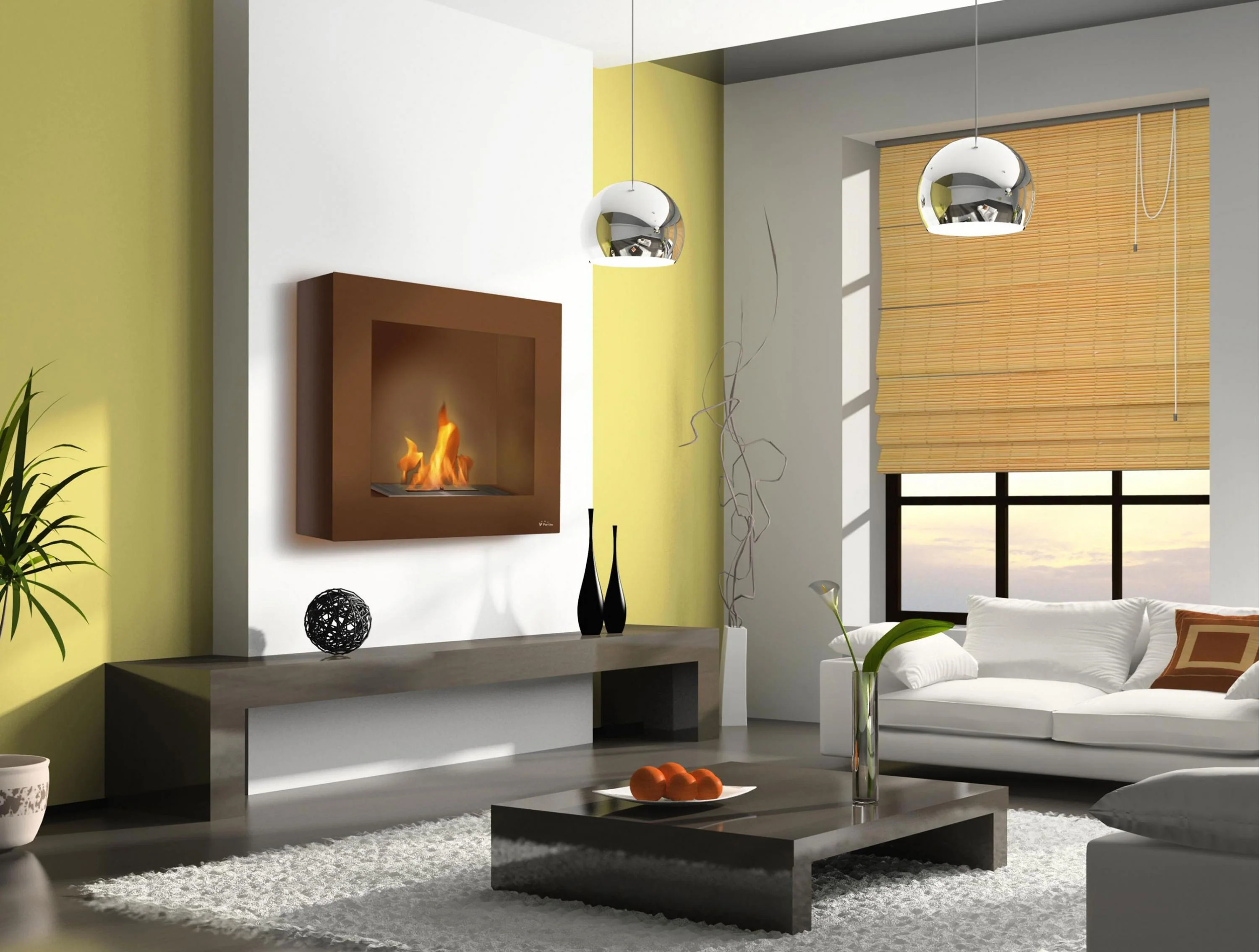 Cheminée à l'éthanol avec sol ou mur ocre clair avec kit entonnoir et bche