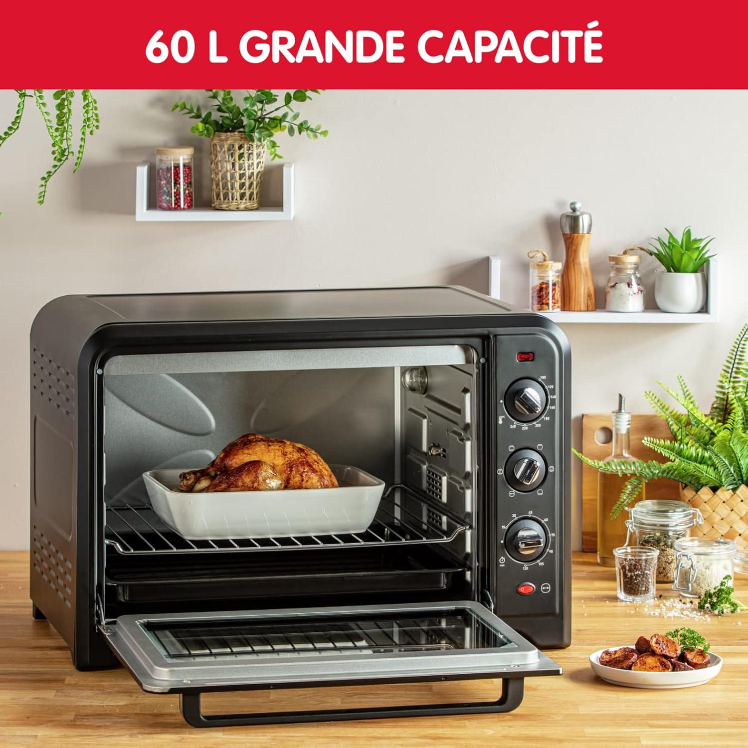 Moulinex Four électrique posable 19 L, Compact, chaleur tournante, 6 modes de cuisson, Thermostat réglable jusqu’à 240°C, Minuteur 120 min, Grille réversible, Lèche frites, Optimo noir OX444810