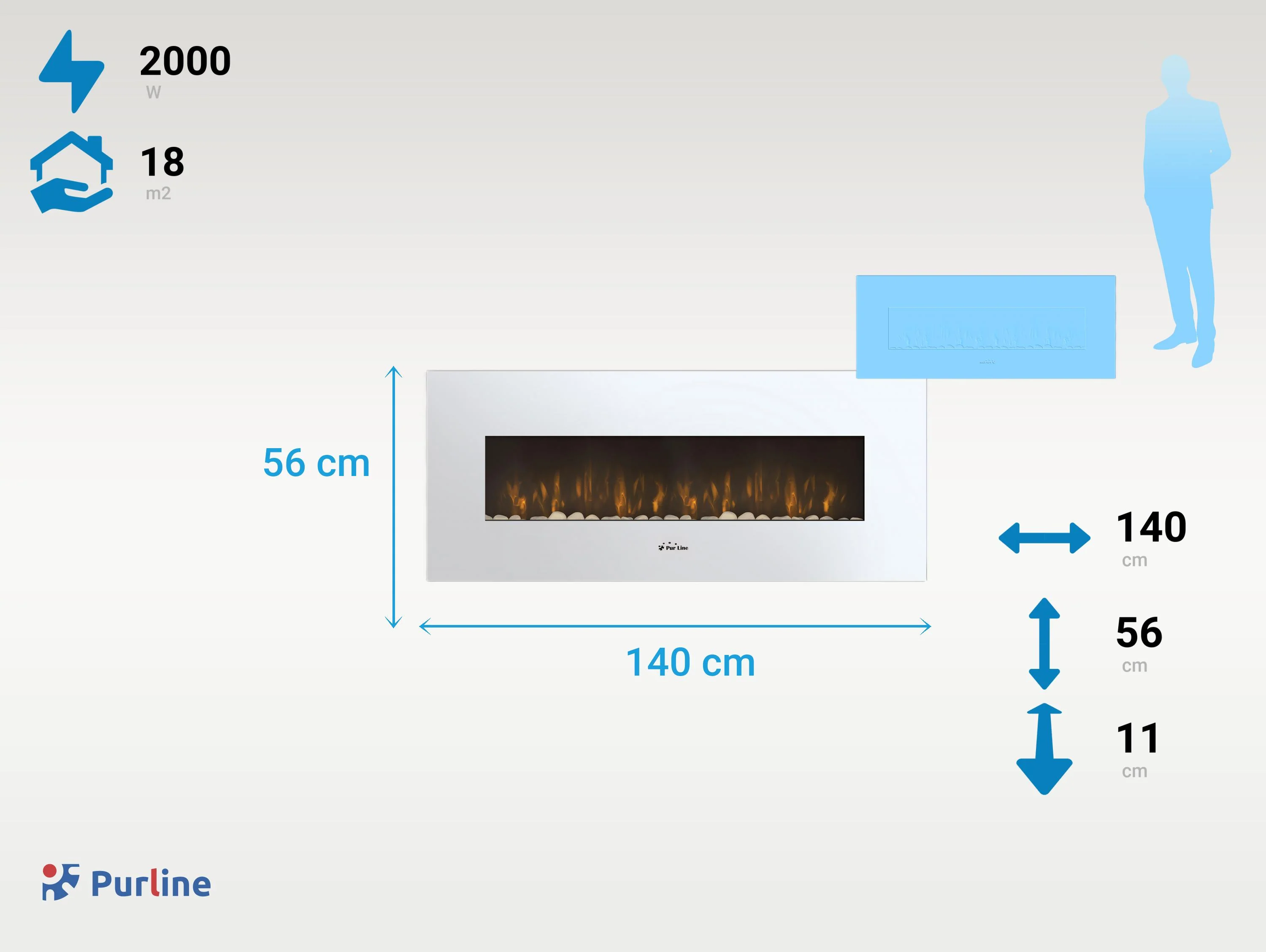 Cheminée électrique panoramique avec éclairage LED d'ambiance et panneau frontal blanc