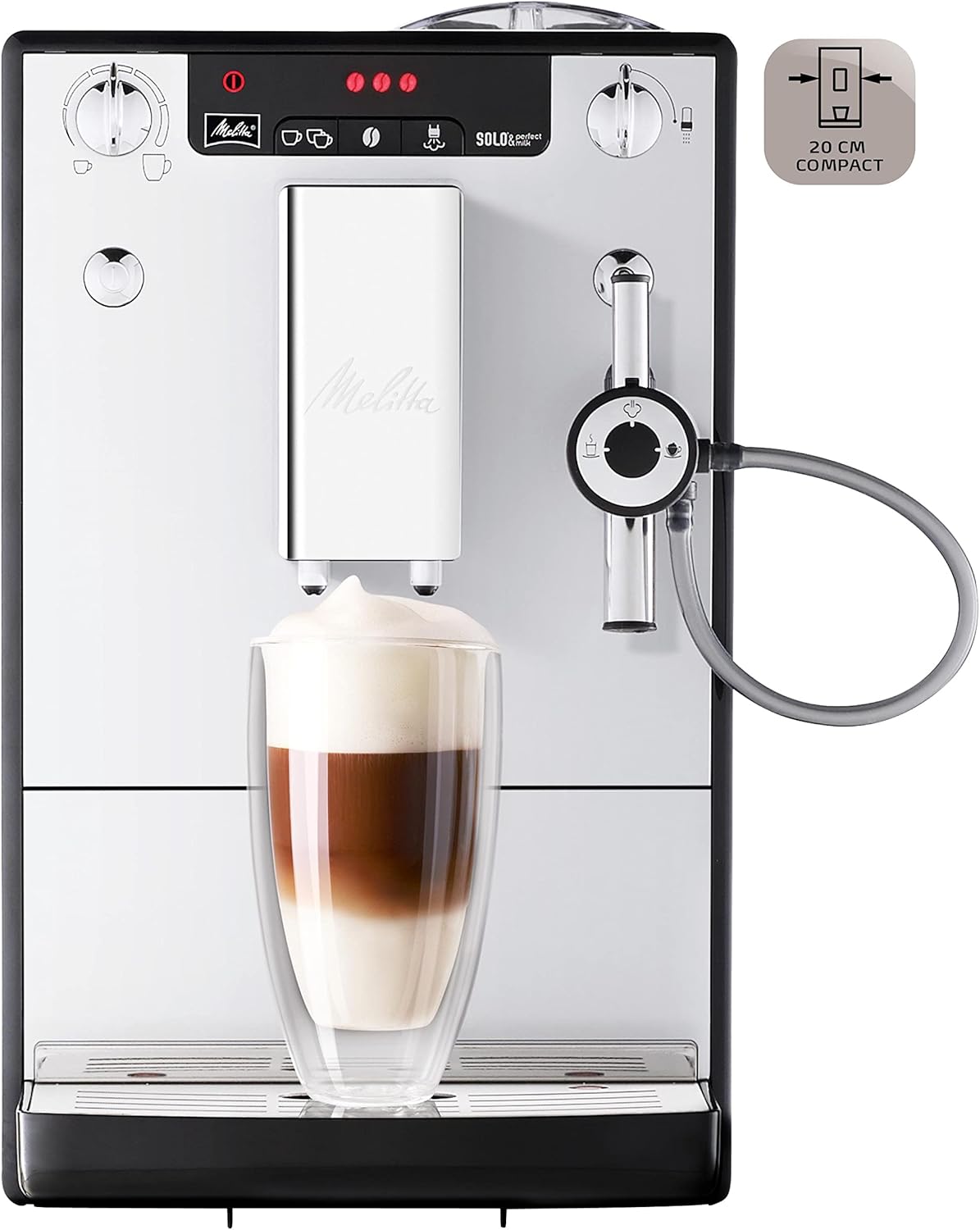Melitta Solo & Perfect Milk Argent, Machine à Café à Grains avec Broyeur et Système d'Extraction des Armes, Mode 1 à 2 Tasses, Auto Cappuccinatore, Affichage LED, E957-203, 1400W