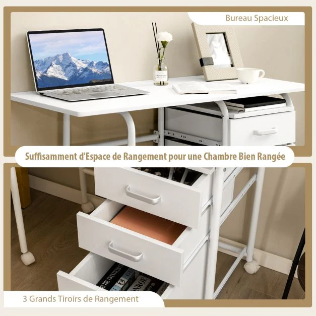 Bureau pliable avec 3 tiroirs table d'écriture roues verrouillables avec cadre en métal pour dortoir appartement blanc 20_0008020