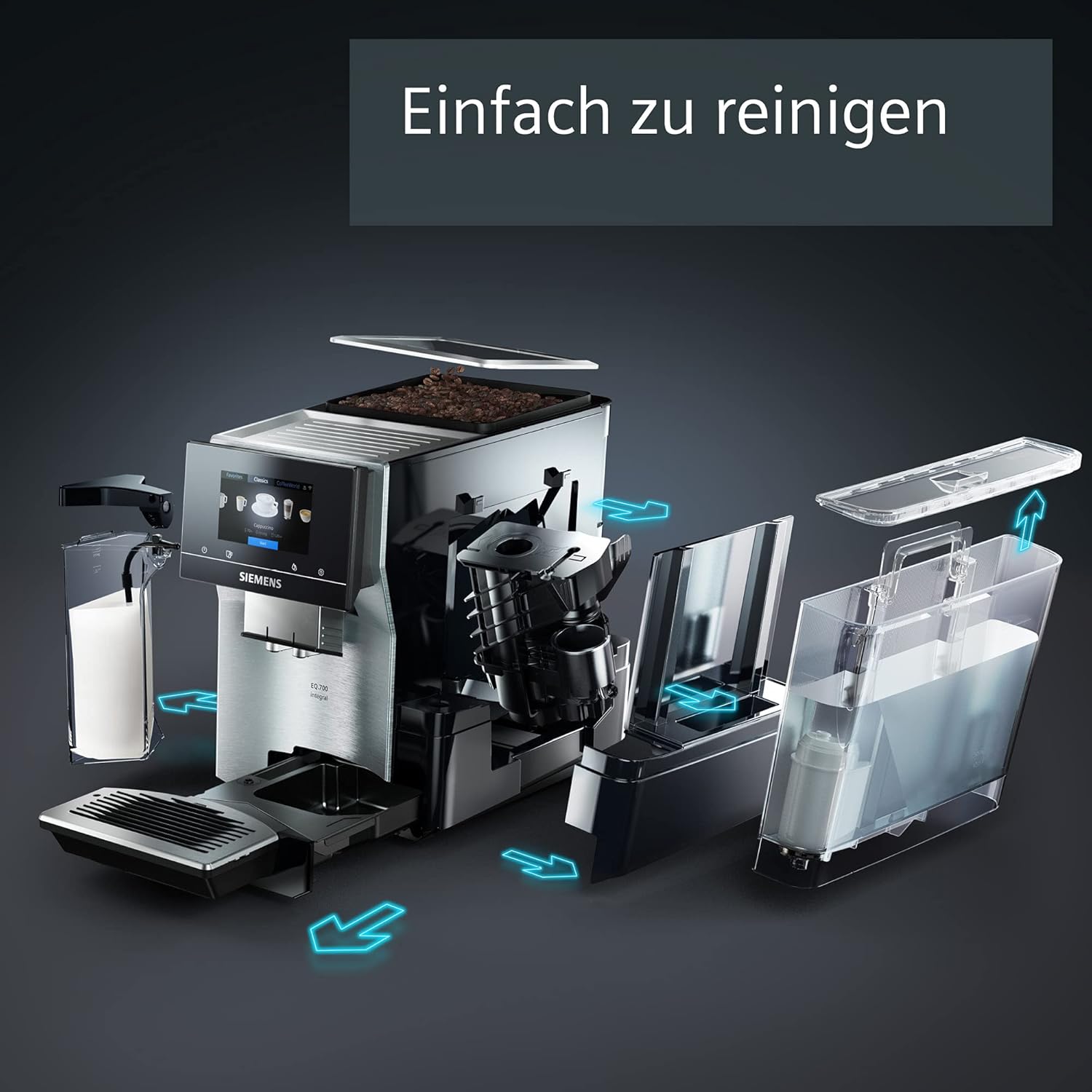 Siemens, machine à café automatique EQ900 TQ903D03, contrôle par l'application, écran tactile, mode barista, AromaBoost, réduction du bruit, broyeur premium, nettoyage à la vapeur, 1 500 W, inox
