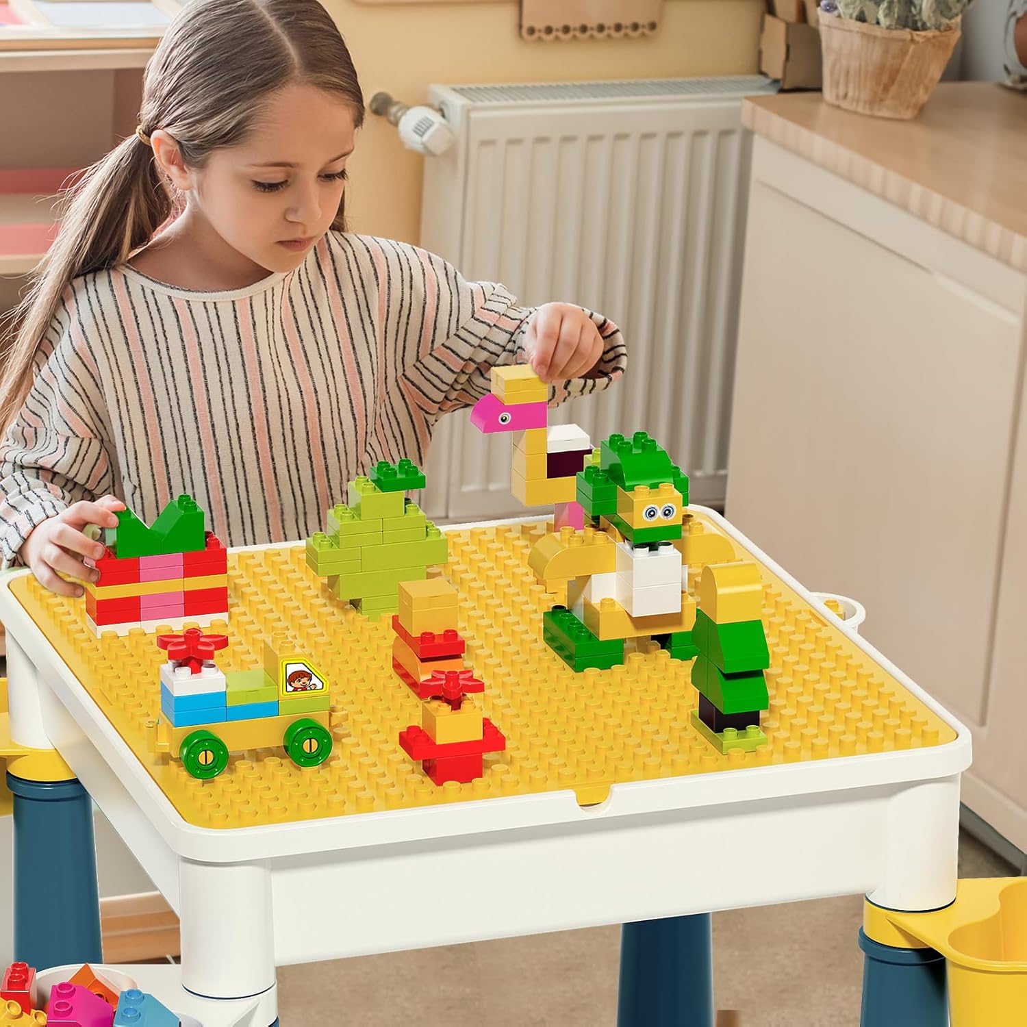 burgkidz Ensemble de Table Multi-activités pour Enfants 5-en-1-128 Pièces Blocs de Construction de Grandes Briques Compatibles, Jeu Comprenant 1 Chaise et 1 Table avec Rangement, Bleu