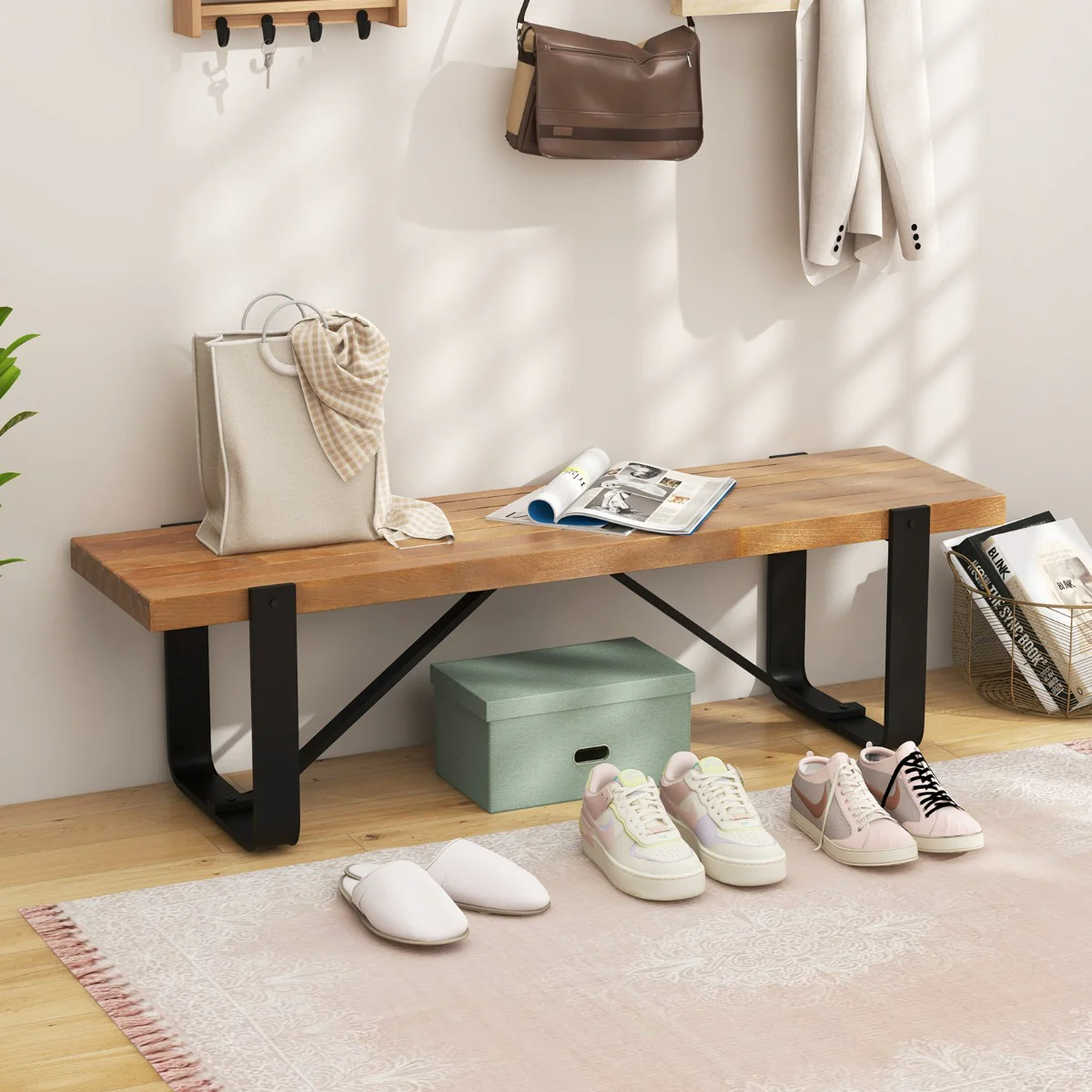 Banc d'entrée de 152,5 cm de long avec structure métallique rangement à chaussures rustique en bois capacité de charge 300 kg naturel 20_0007794