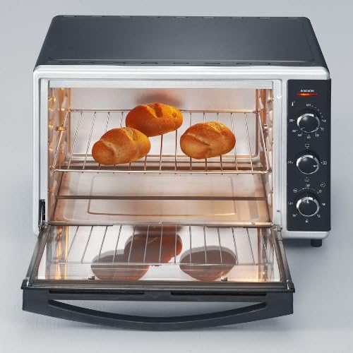 SEVERIN Mini-Four à chaleur tournante 42 L avec pierre à pizza et tournebroche, Four posable 1 800 W design élégant, électrique avec minuteur 120 min, Noir/Inox, TO 2058