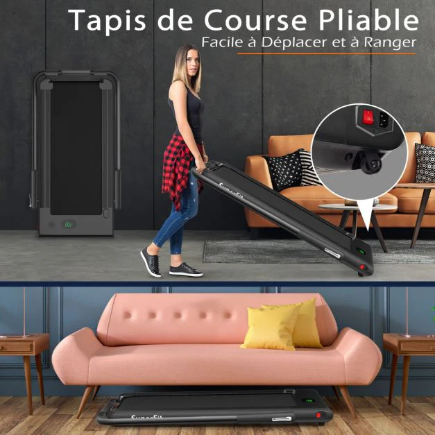 Tapis de course pliable 2 en 1 tapis roulant électrique motorisé 1-12 km/h avec télécommande écran LED noir 20_0006036