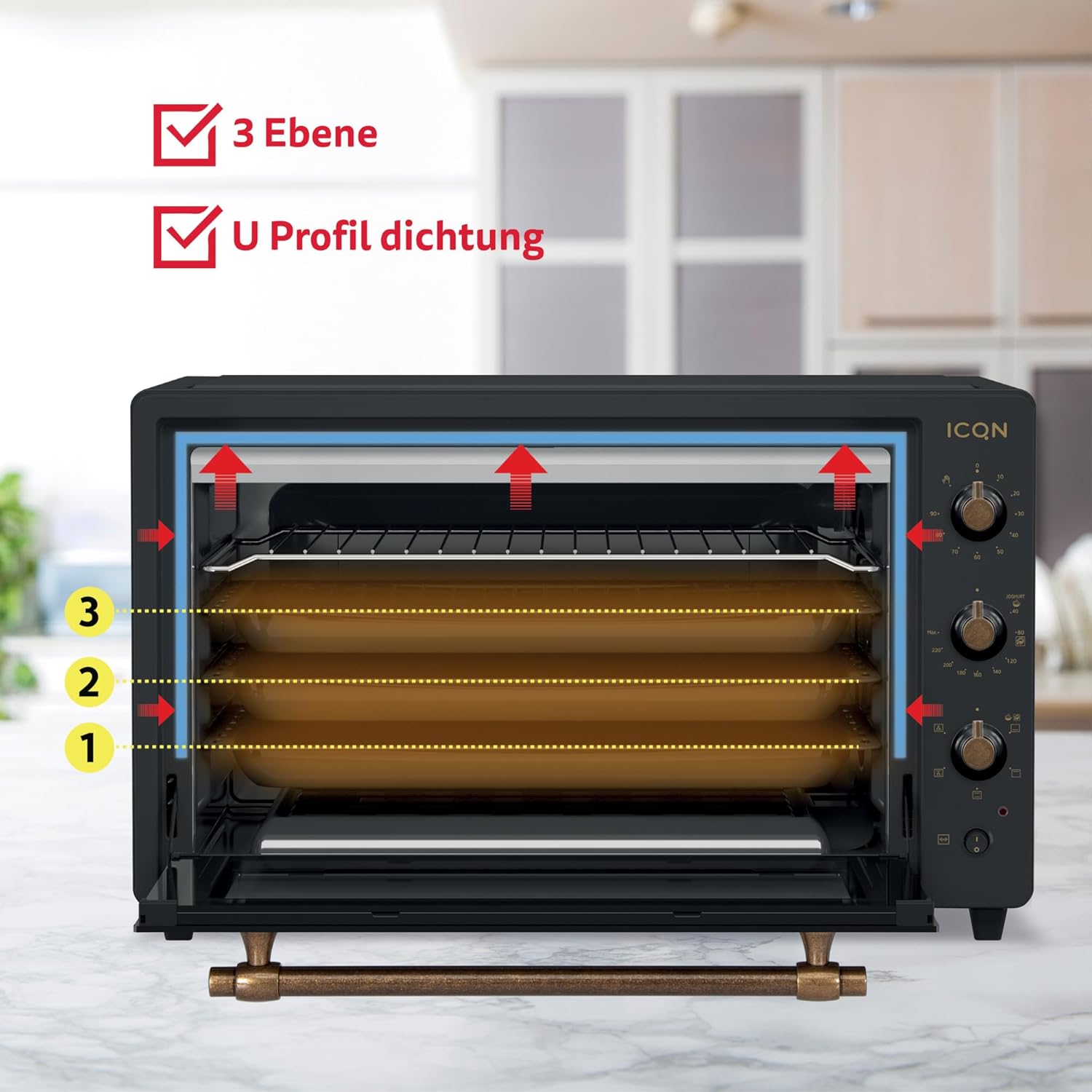 ICQN Mini Four Electrique 60l, 5 Fonctions, 40°-230°C, 2000 W, Anthracite Noir