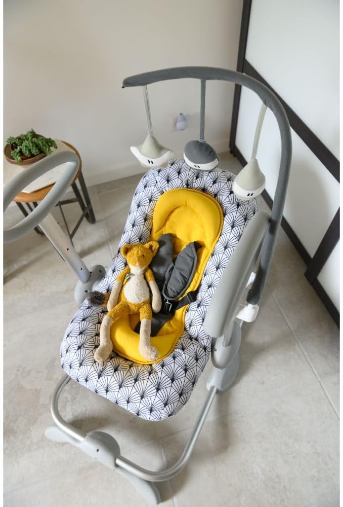 Béaba, Transat Up & Down IV, Transat Réglable en Hauteur, Unisexe pour Bébé et Enfants, 3 Positions d'Inclinaison, Harnais Sécurité 5 Points, Réducteur de Naissance, Gris minéral et miel