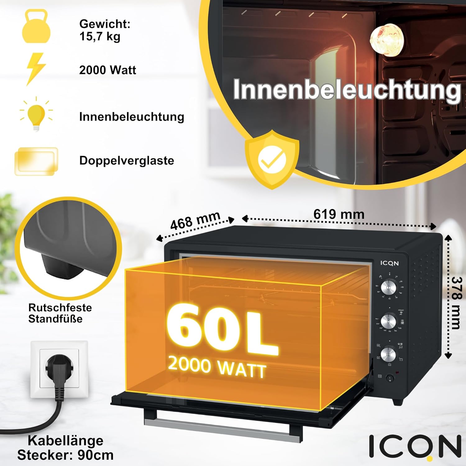 ICQN Mini Four Electrique 60l, 5 Fonctions, 40°-230°C, 2000 W, Anthracite Noir