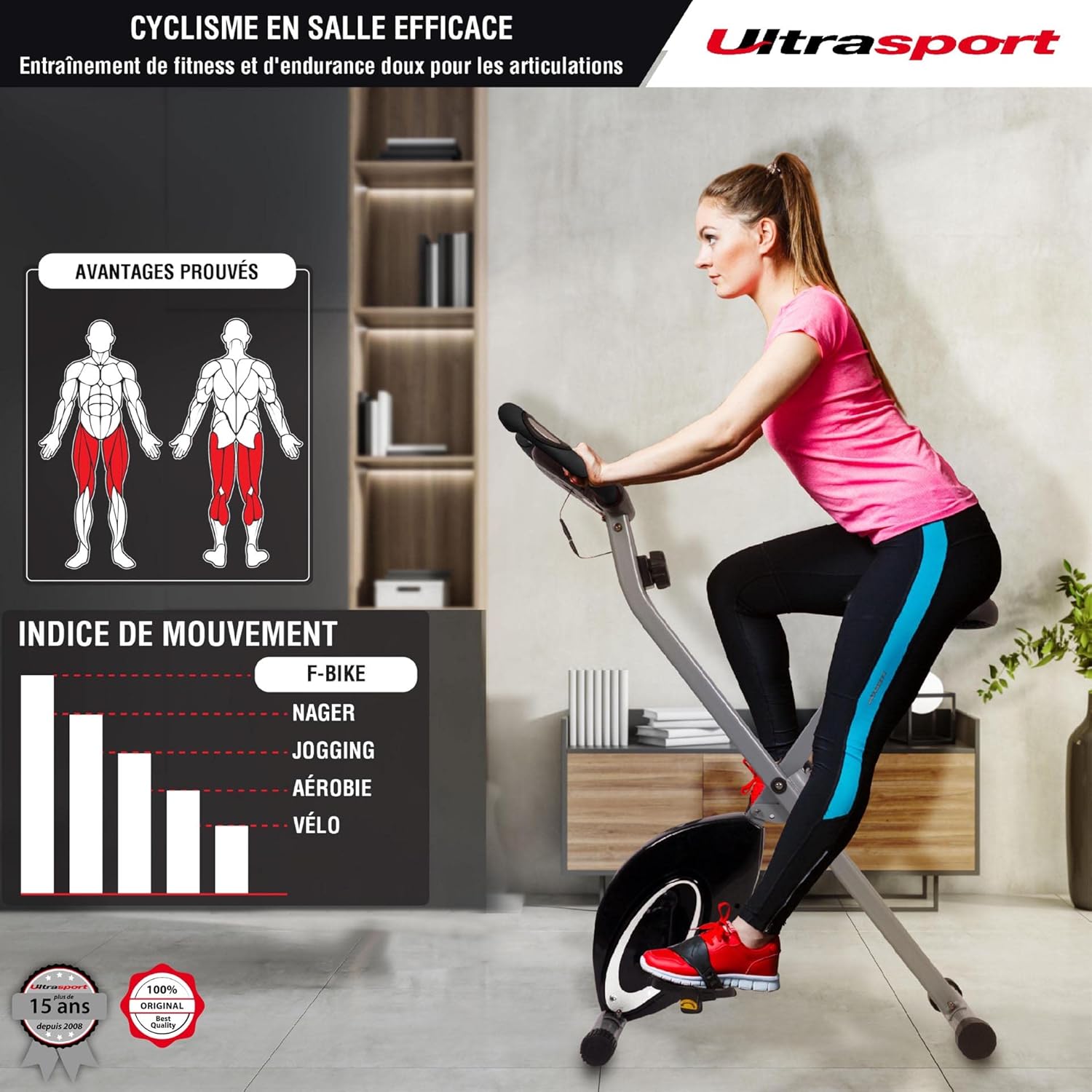 Ultrasport F-Bike, entraneur vélo, vélo d'appartement, home trainer pliable, écran LCD, opt. capteurs pouls main, Niveaux de résistance réglables, faciles à assembler, idéal pour athlètes et seniors