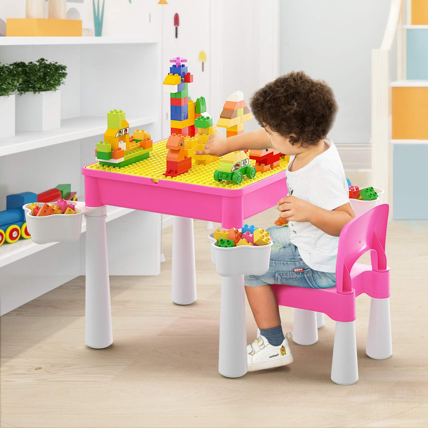 burgkidz Ensemble de Table Multi-activités pour Enfants 5-en-1-128 Pièces Blocs de Construction de Grandes Briques Compatibles, Jeu Comprenant 1 Chaise et 1 Table avec Rangement, Bleu