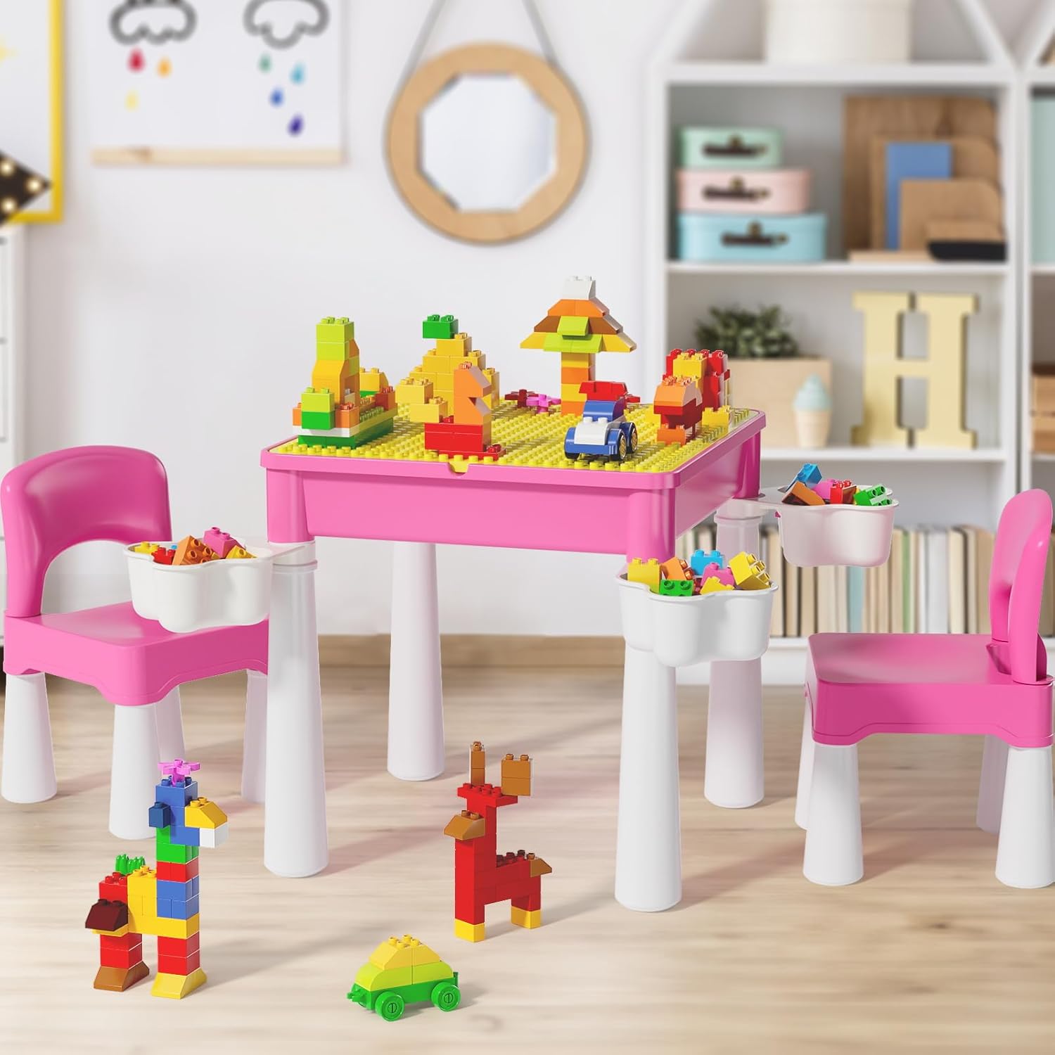 burgkidz Ensemble de Table Multi-activités pour Enfants 5-en-1-128 Pièces Blocs de Construction de Grandes Briques Compatibles, Jeu Comprenant 1 Chaise et 1 Table avec Rangement, Bleu