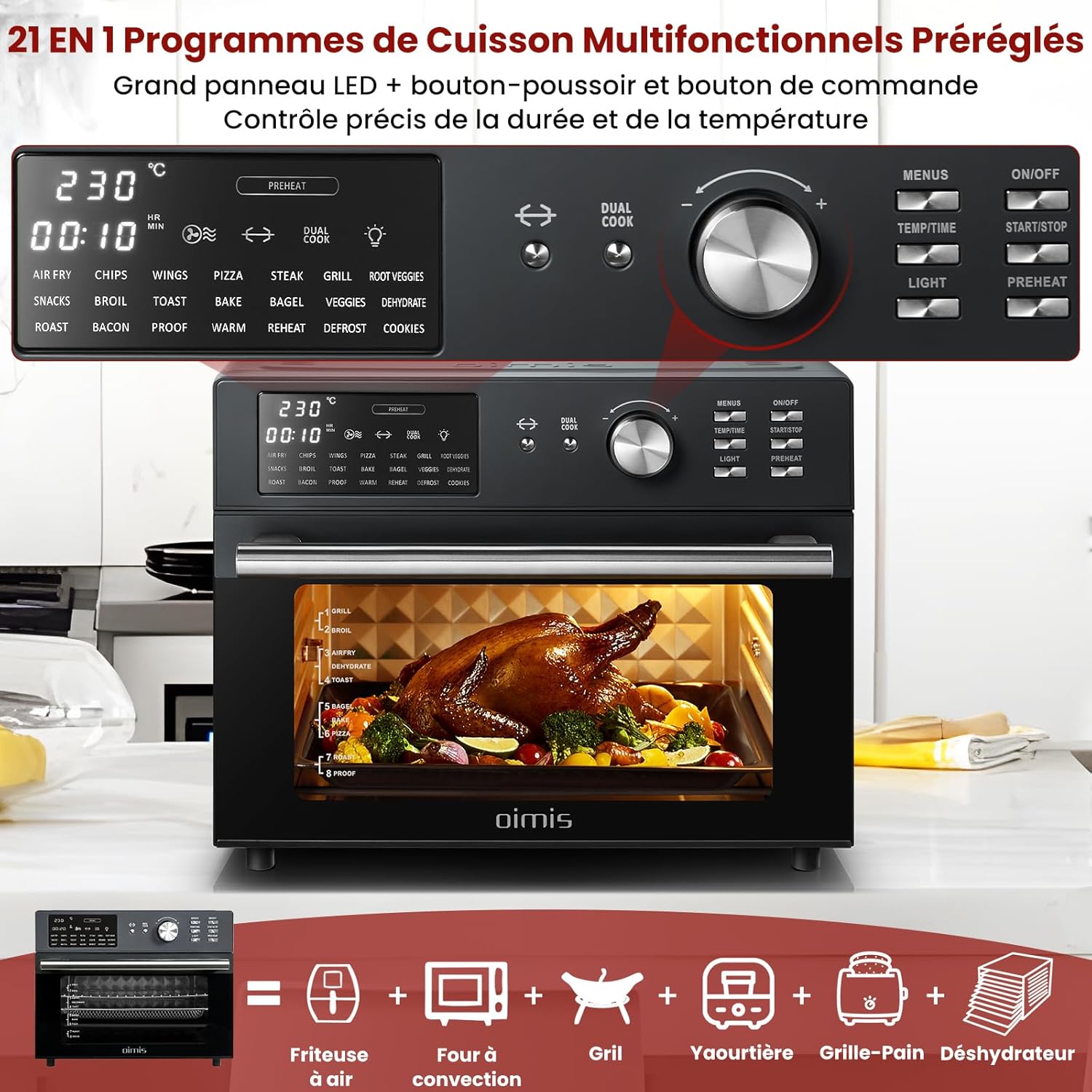 Oimis Friteuse à Air Chaud Sans Huile Four 30L,Gris, 1800W avec 21 Programmes Prédéfinis, Rtissoire,Déshydrateur, 6 Accessoires, Recettes（NO Panier Rotatif）