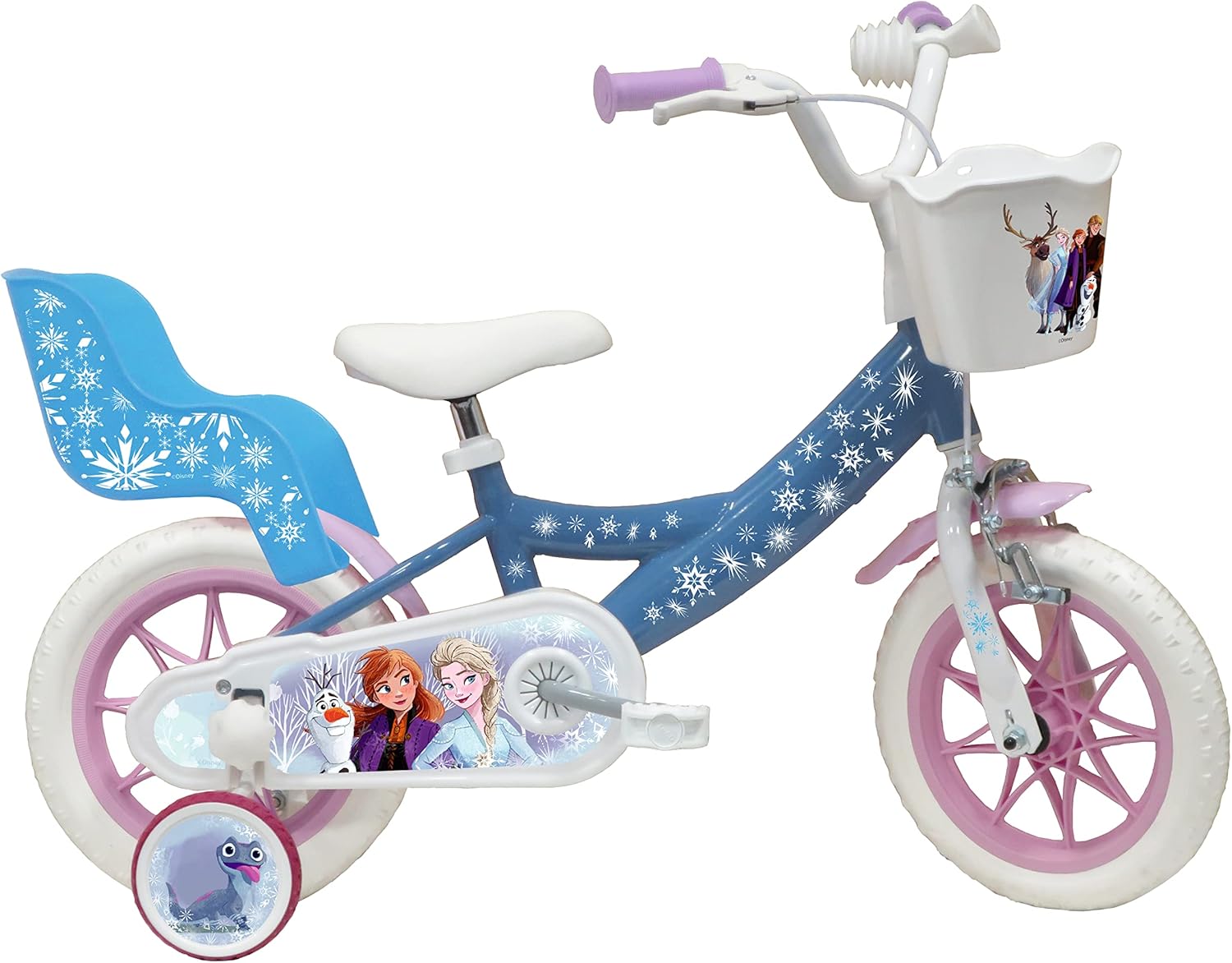 Vélo ATLAS Vélo 12'' Fille Reine des Neiges/Frozen équipé de 1 Frein, Panier Avant, Porte poupée arrière, Garde boues, Carter et stabilisateurs enffant, Bleu Ciel
