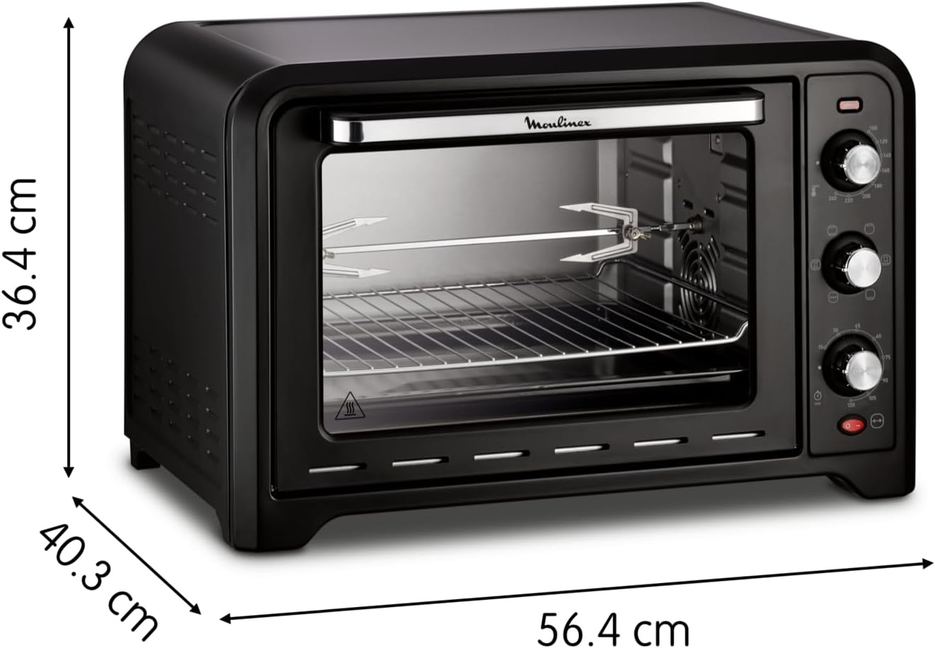 Moulinex Four électrique posable 19 L, Compact, chaleur tournante, 6 modes de cuisson, Thermostat réglable jusqu’à 240°C, Minuteur 120 min, Grille réversible, Lèche frites, Optimo noir OX444810