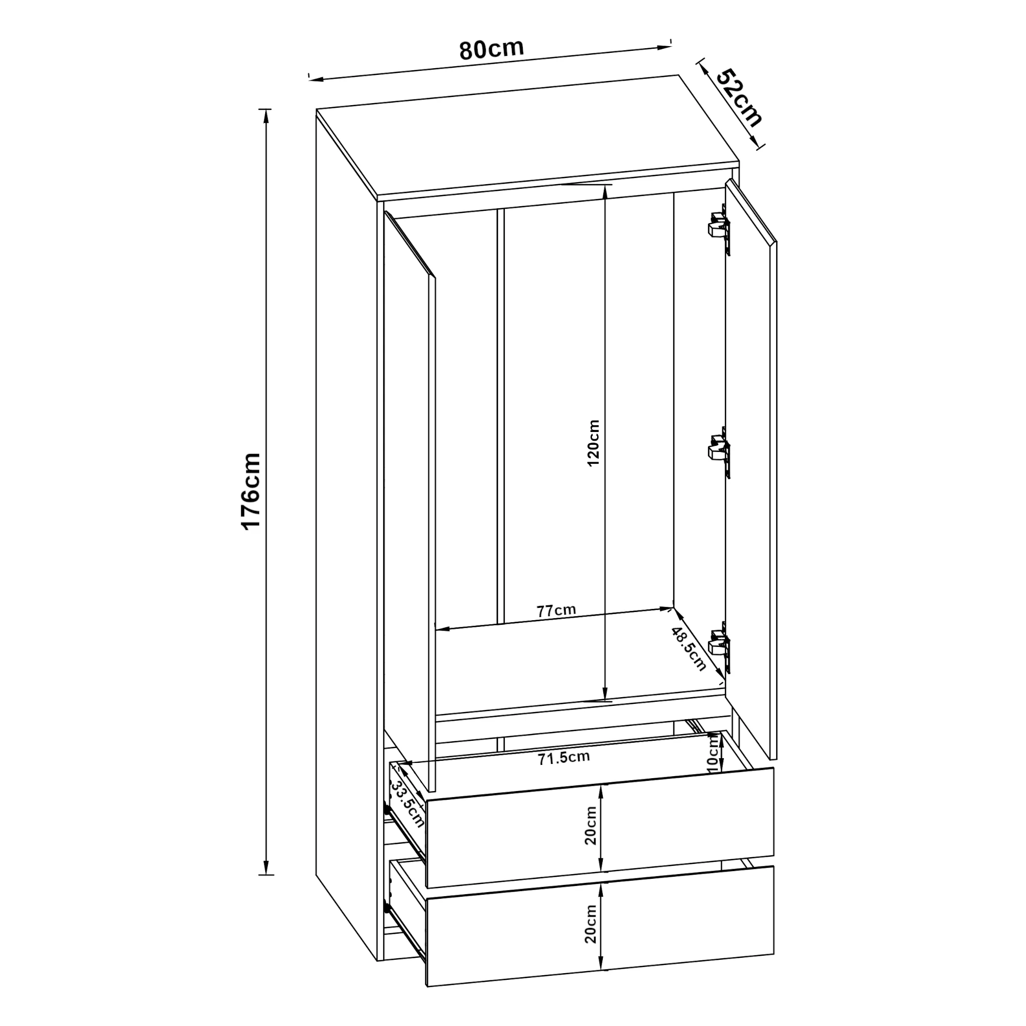 Armoire de chambre garde-robe moderne meuble de rangement intemporel avec 2 tiroirs MDF 176 x 80 x 52 cm effet chêne blanc 03_0006362