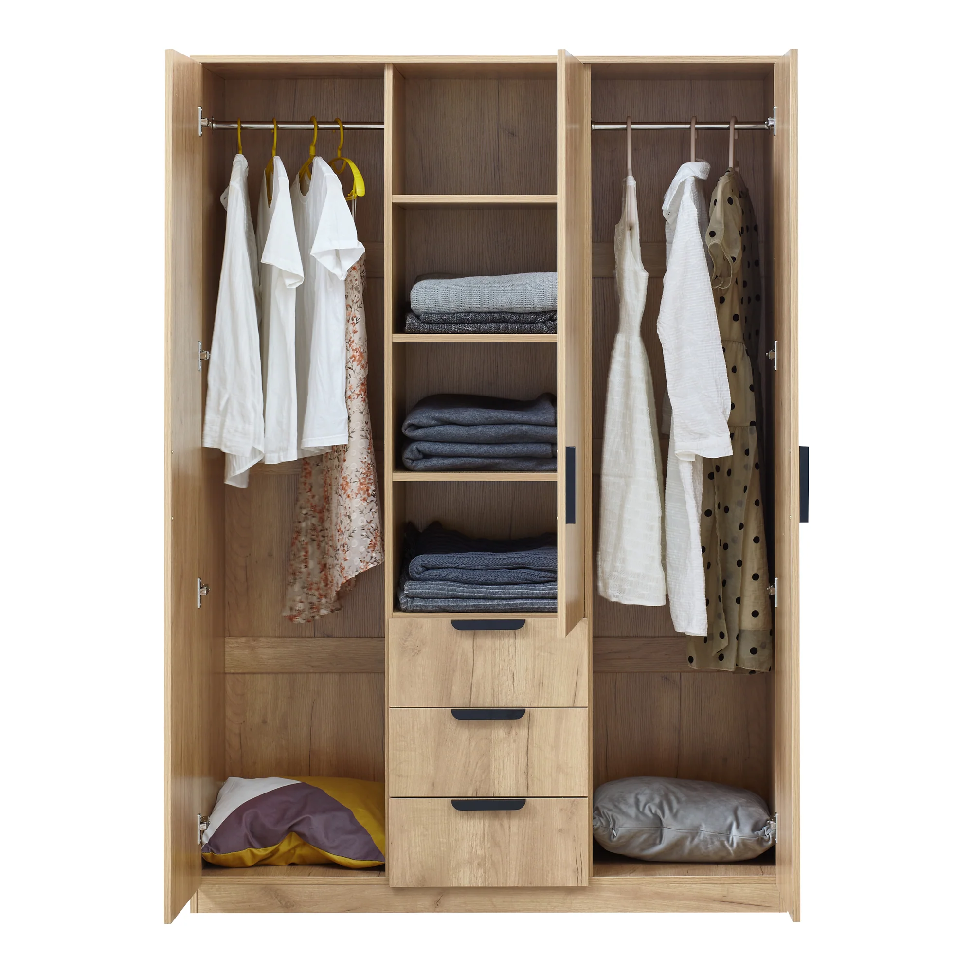 Armoire de chambre garde-robe moderne meuble de rangement intemporel 2 penderie 4 étagères 3 tiroirs MDF 176 x 120 x 52 cm effet chêne 03_0006374