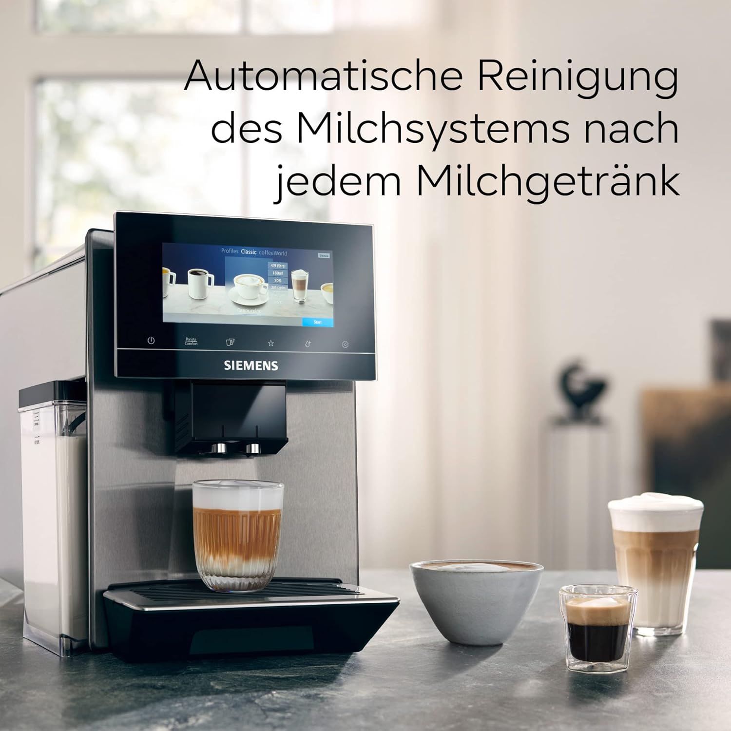 Siemens, machine à café automatique EQ900 TQ903D03, contrôle par l'application, écran tactile, mode barista, AromaBoost, réduction du bruit, broyeur premium, nettoyage à la vapeur, 1 500 W, inox