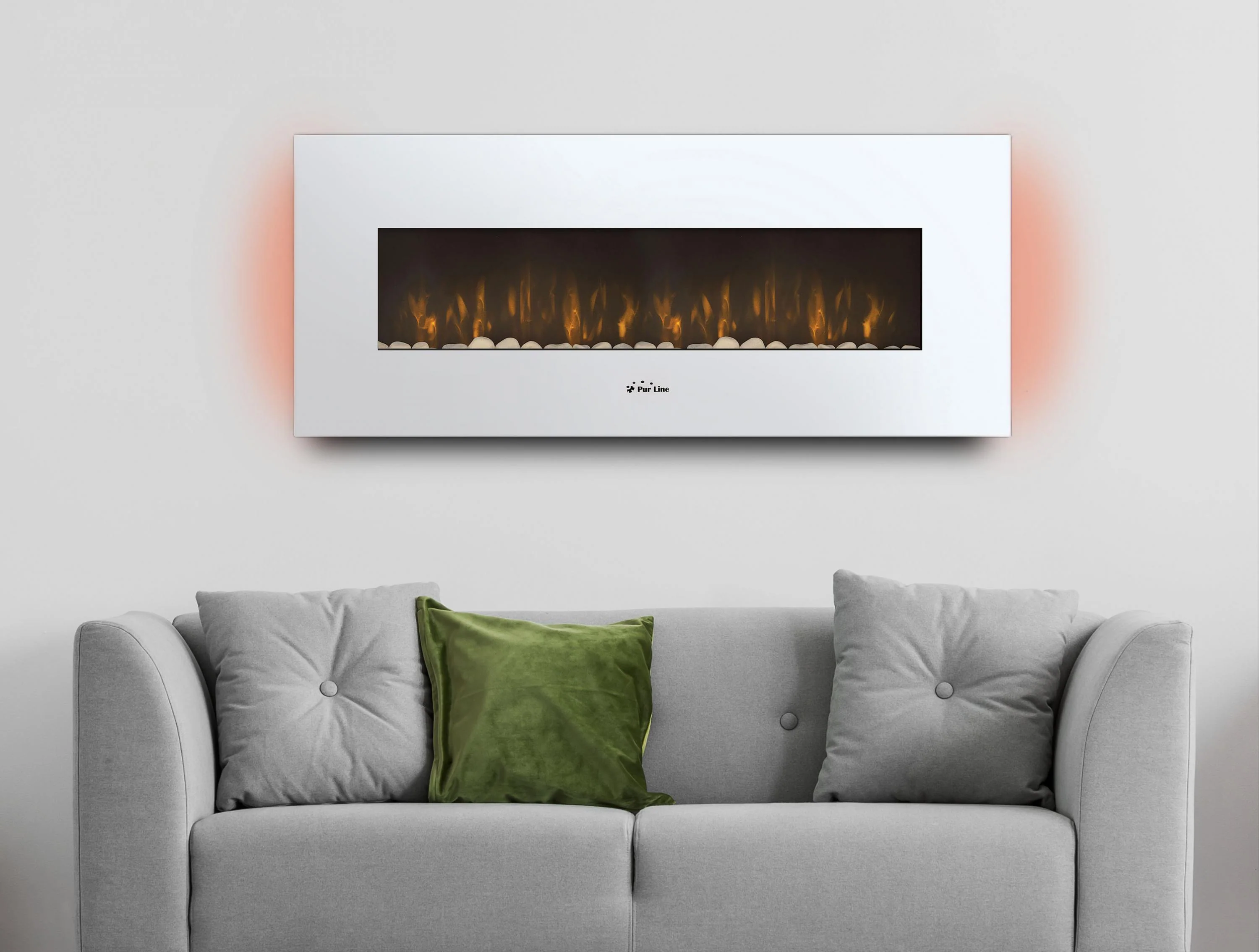 Cheminée électrique panoramique avec éclairage LED d'ambiance et panneau frontal blanc