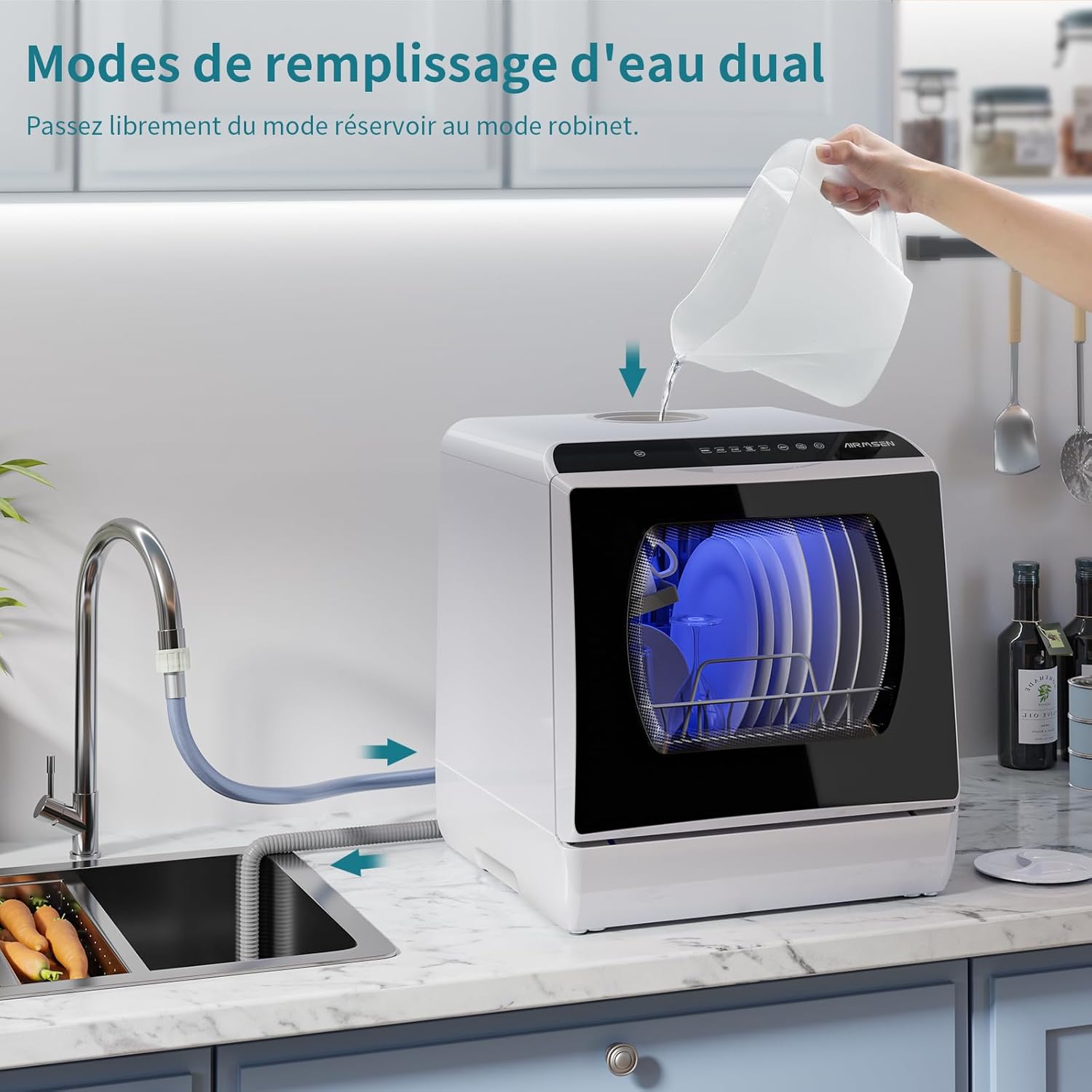 AIRMSEN Mini Lave-Vaisselle de Comptoir, 5+1 Programmes, Réservoir d'Eau de 5L, Contrle Tactile et cran LED, Adapté pour les Cuisines Familiales, Appartements et Dortoirs, Blanc et noir