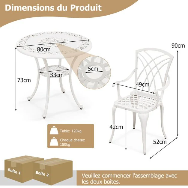 5 pcs salon de jardin en fonte d'aluminium trou pour parasol repose-pieds réglables ensemble de table ronde et 4 chaises blanc 20_0007609