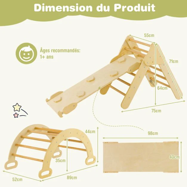 7 en 1 triangle arche montessori d'escalade enfants avec toboggan bois rampe échelle réglable aire de jeux pour 1 ans+ blanc+naturel 20_0007621