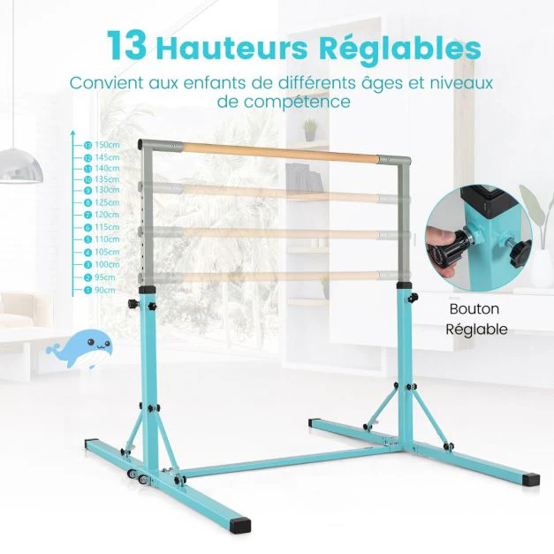 Barre de gymnastique pliable pour enfants avec 13 hauteurs réglables (90-150cm) barre d'entranement junior avec structure triangulaire charge 100kg bleu 20_0007832