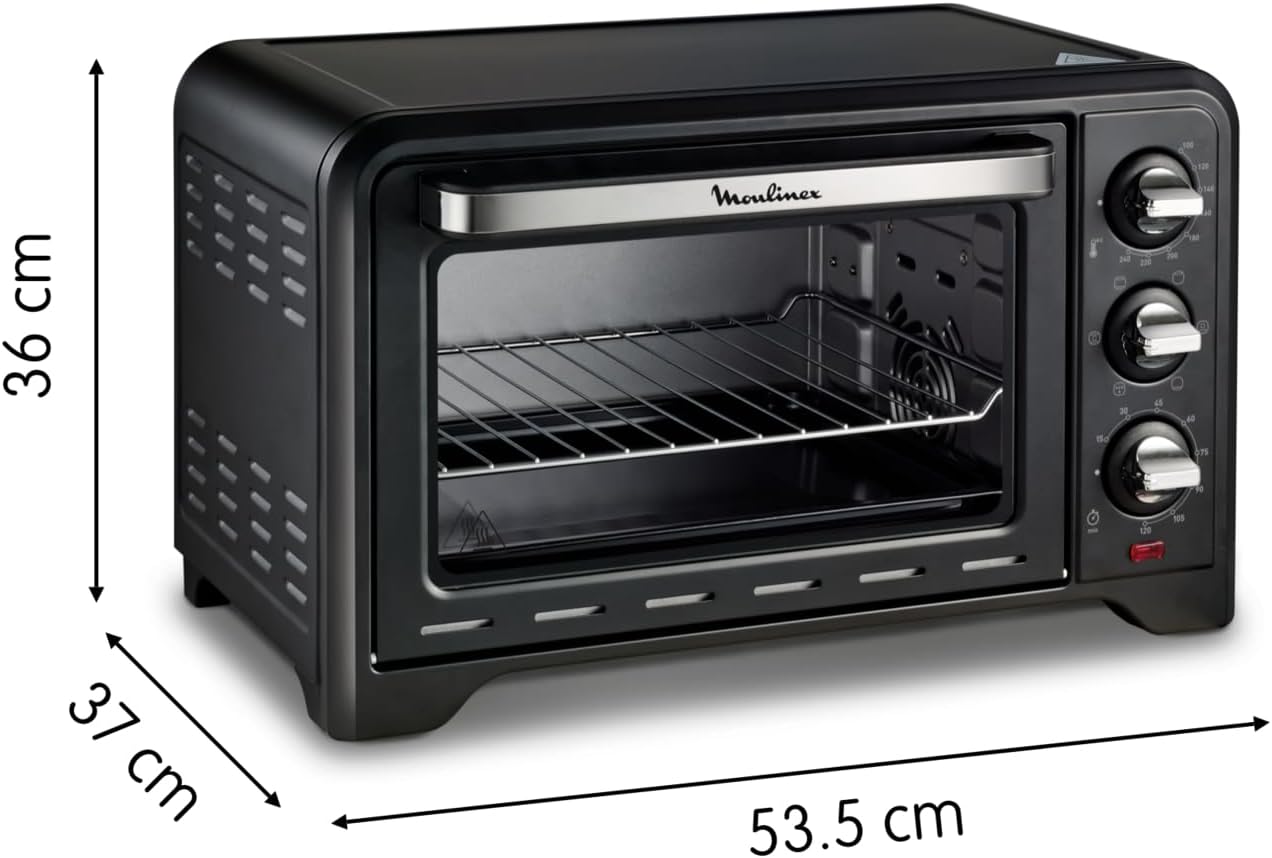 Moulinex Four électrique posable 19 L, Compact, chaleur tournante, 6 modes de cuisson, Thermostat réglable jusqu’à 240°C, Minuteur 120 min, Grille réversible, Lèche frites, Optimo noir OX444810