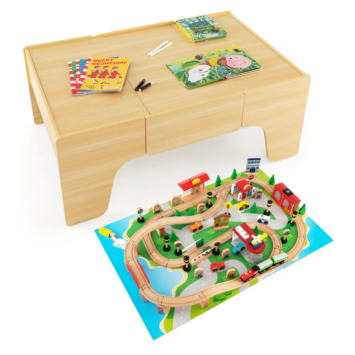 Ensemble de jouets de train et table en bois 84 pièces plateau réversible et amovible tiroir rails en bois massif figurines   20_0008479