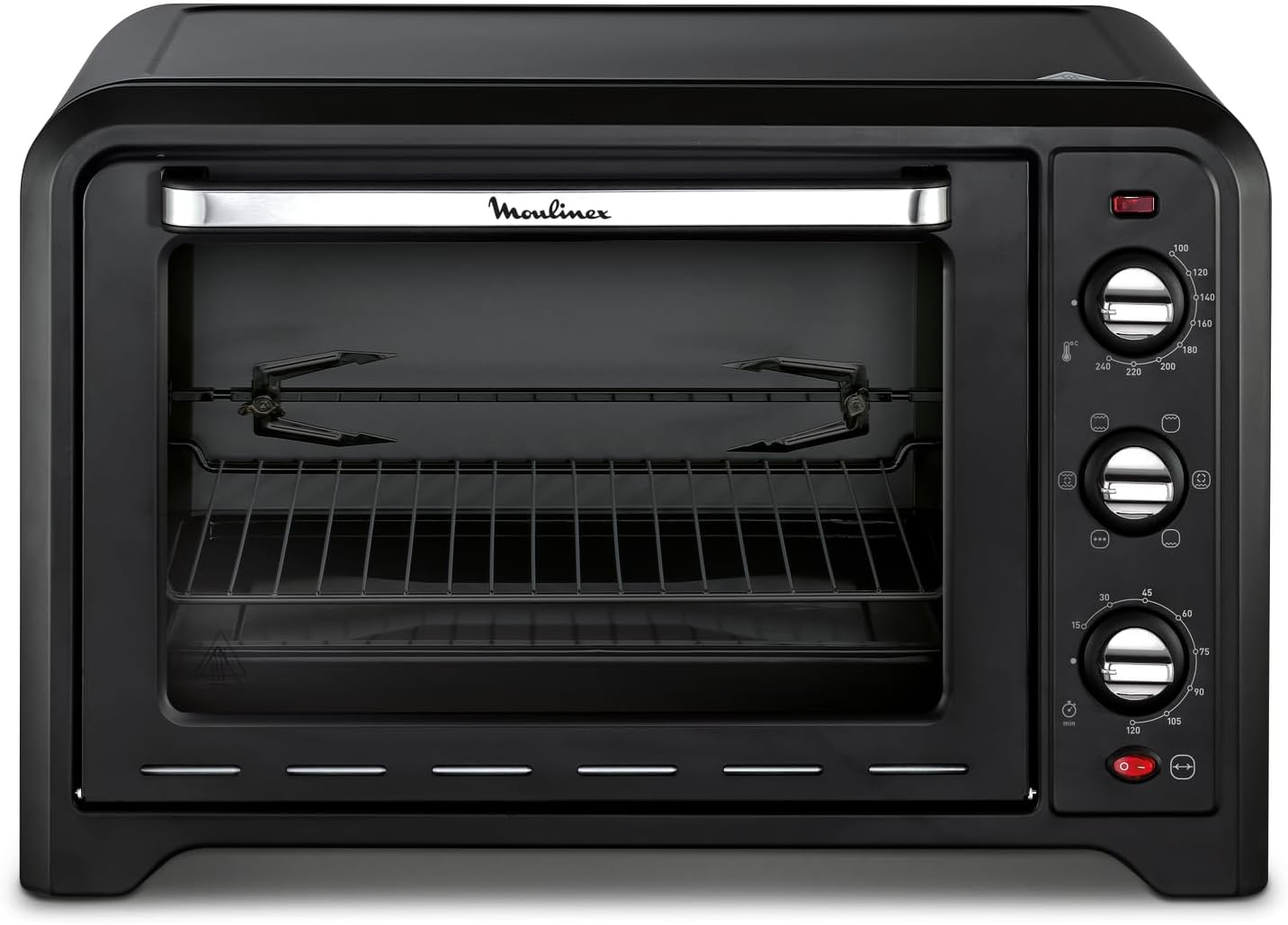Moulinex Four électrique posable 19 L, Compact, chaleur tournante, 6 modes de cuisson, Thermostat réglable jusqu’à 240°C, Minuteur 120 min, Grille réversible, Lèche frites, Optimo noir OX444810