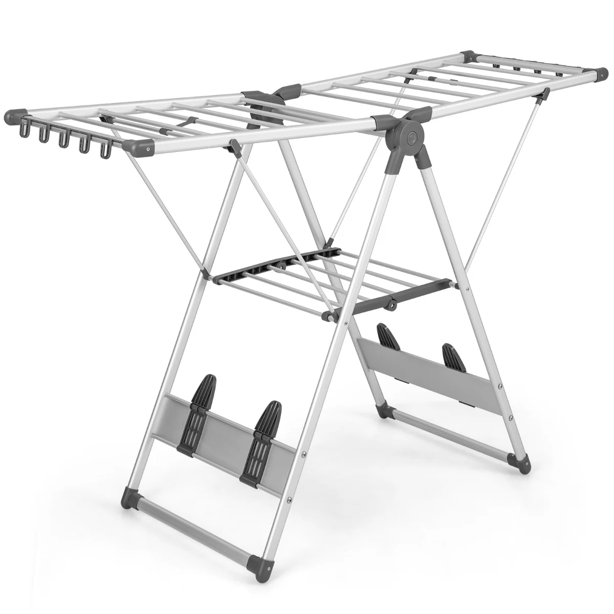 tente à linge pliable en aluminium à 2 niveaux 5 niveaux de hauteur réglable 21 rails de séchage étendoir à linge pliable intérieur/extérieur 20_0006865