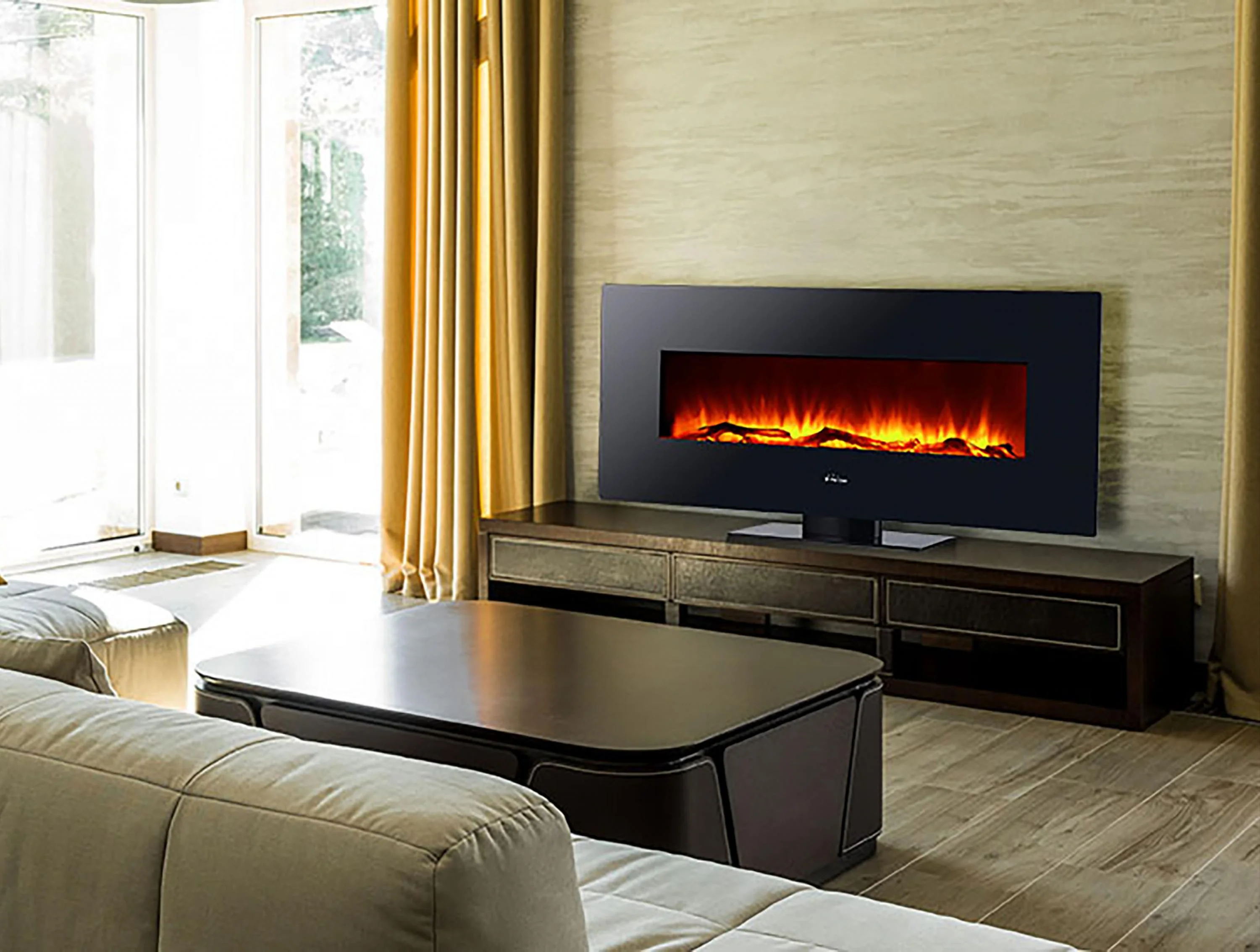 Cheminée électrique panoramique en verre trempé noir