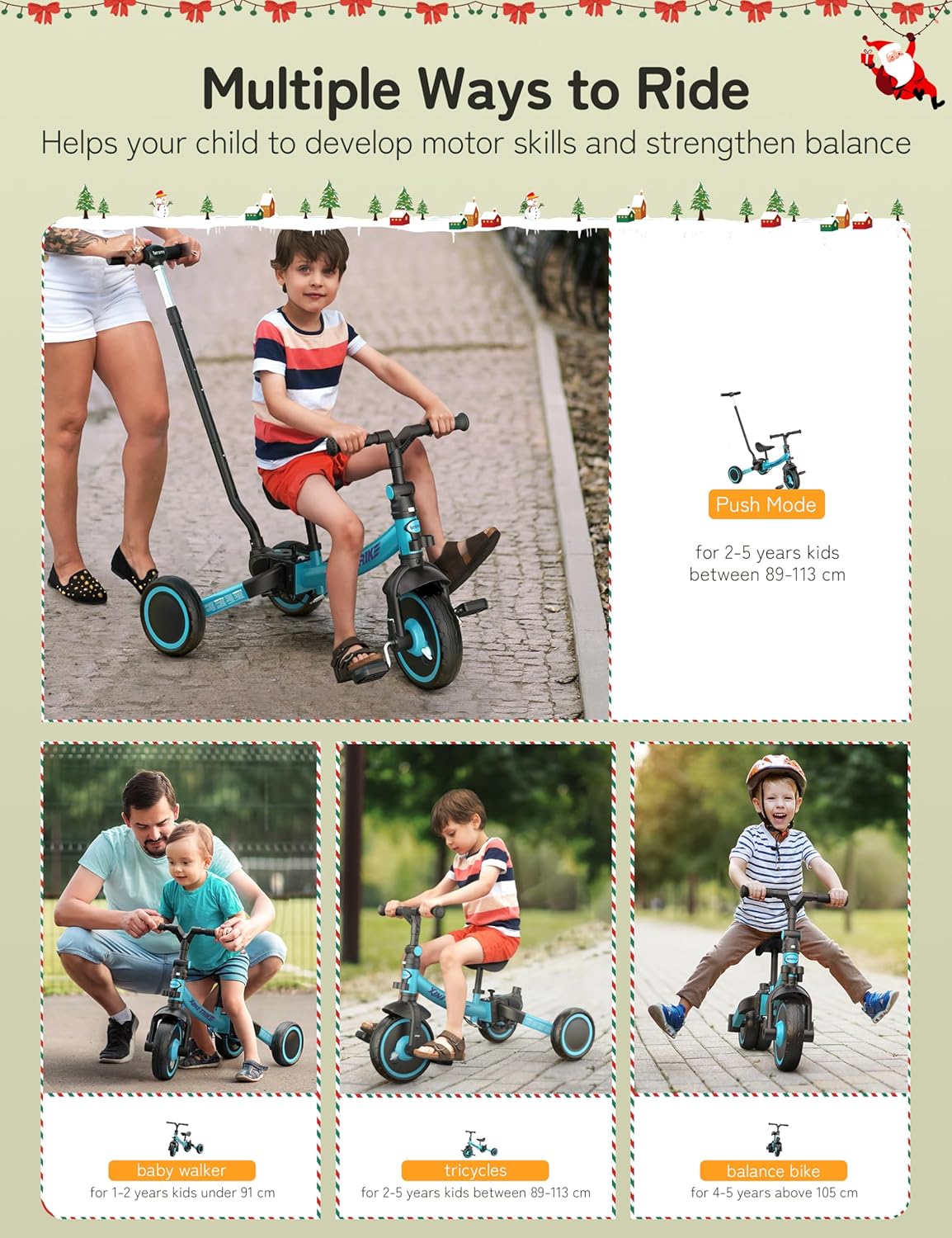 besrey 5 en 1 Tricycle Enfant bébé évolutif 1-4 Ans,Vélo Draisienne,Vélo sans Pédale,Noir