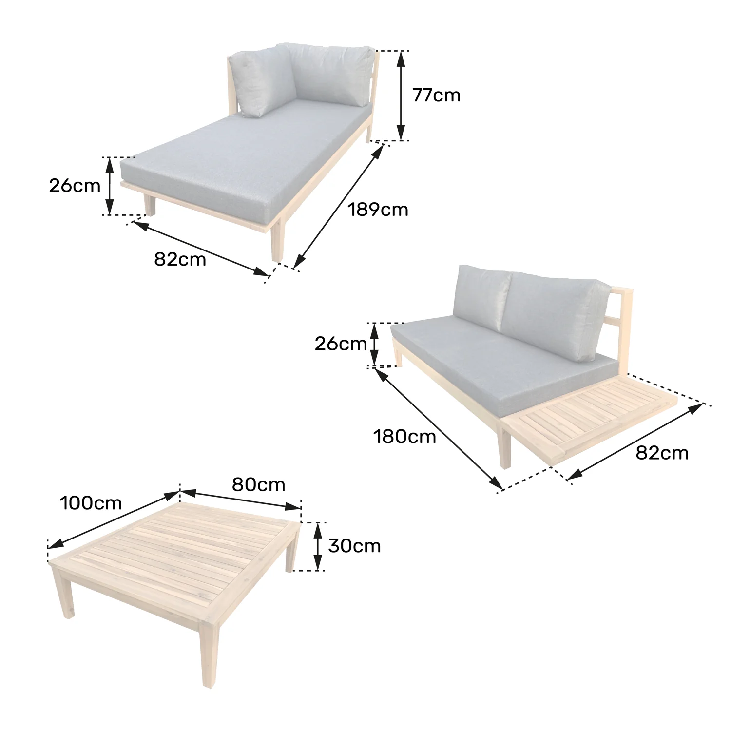 Salon de jardin en acacia 4 places PANGKOR - coussins gris Happy Garden