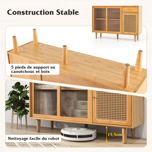 Buffet moderne du milieu du siècle en bambou avec portes coulissantes en verre trempé armoire et tiroir en rotin naturel 20_0007958