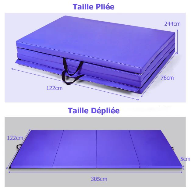 Tapis de gymnastique épais 300 x 116 x 5 cm matelas d'entrainement pliable en mousse et pu détachable avec 2 poignées fermetures à crochet violet 20_0006601