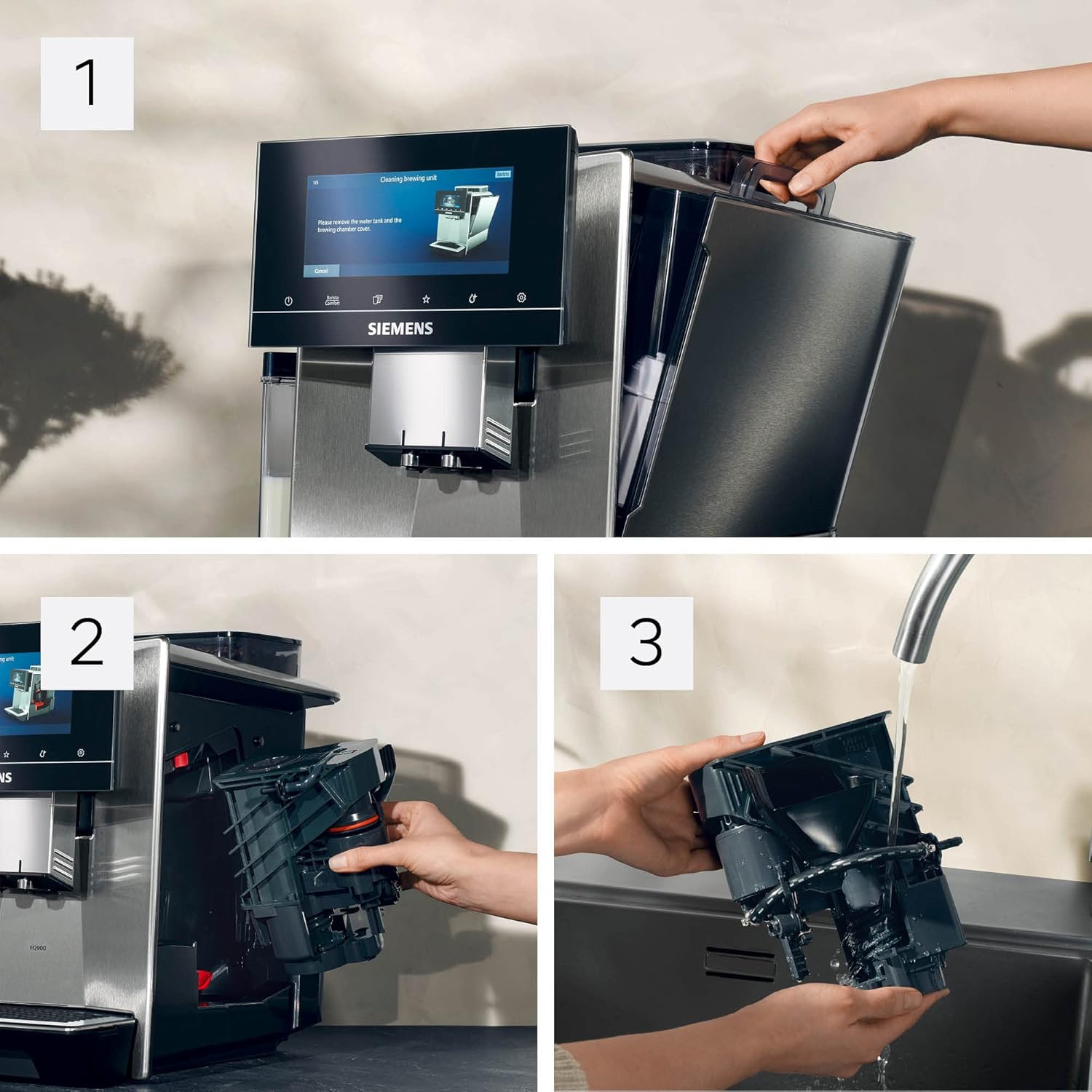 Siemens, machine à café automatique EQ900 TQ903D03, contrôle par l'application, écran tactile, mode barista, AromaBoost, réduction du bruit, broyeur premium, nettoyage à la vapeur, 1 500 W, inox