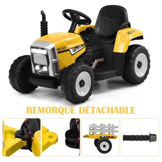 Tracteur electrique avec remorque pour enfants 3 vitesses lumières led fonctions audio usb et bluetooth jaune 20_0006612