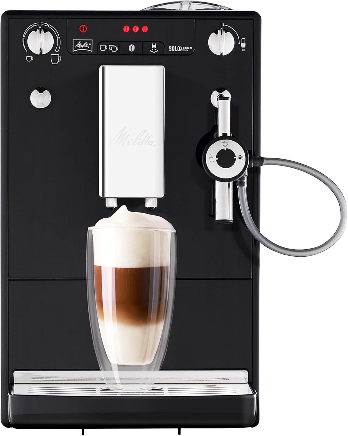 Melitta Solo & Perfect Milk Argent, Machine à Café à Grains avec Broyeur et Système d'Extraction des Armes, Mode 1 à 2 Tasses, Auto Cappuccinatore, Affichage LED, E957-203, 1400W