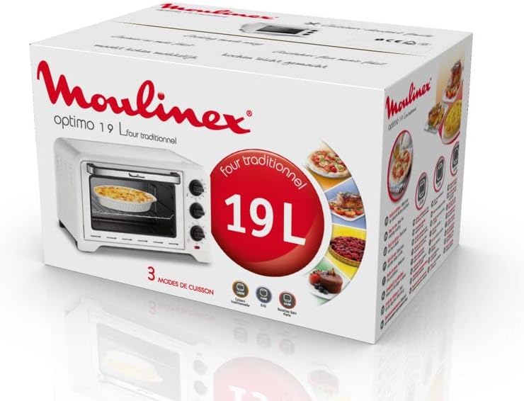 Moulinex Four électrique posable 19 L, Compact, chaleur tournante, 6 modes de cuisson, Thermostat réglable jusqu’à 240°C, Minuteur 120 min, Grille réversible, Lèche frites, Optimo noir OX444810