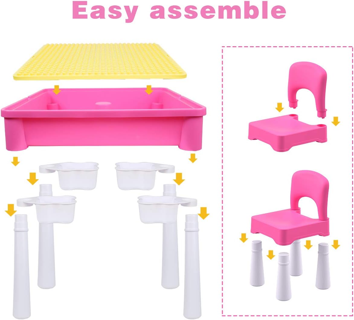 burgkidz Ensemble de Table Multi-activités pour Enfants 5-en-1-128 Pièces Blocs de Construction de Grandes Briques Compatibles, Jeu Comprenant 1 Chaise et 1 Table avec Rangement, Bleu