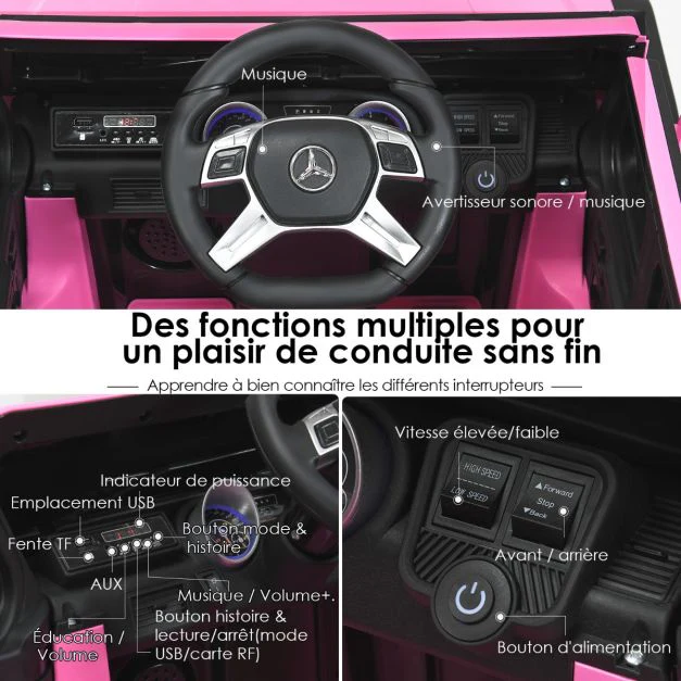 Voiture eléctrique 12 v pour enfants 2 place avec lumières led port aux usb télécommande parentale de 3 à 8 ans rose 20_0004994