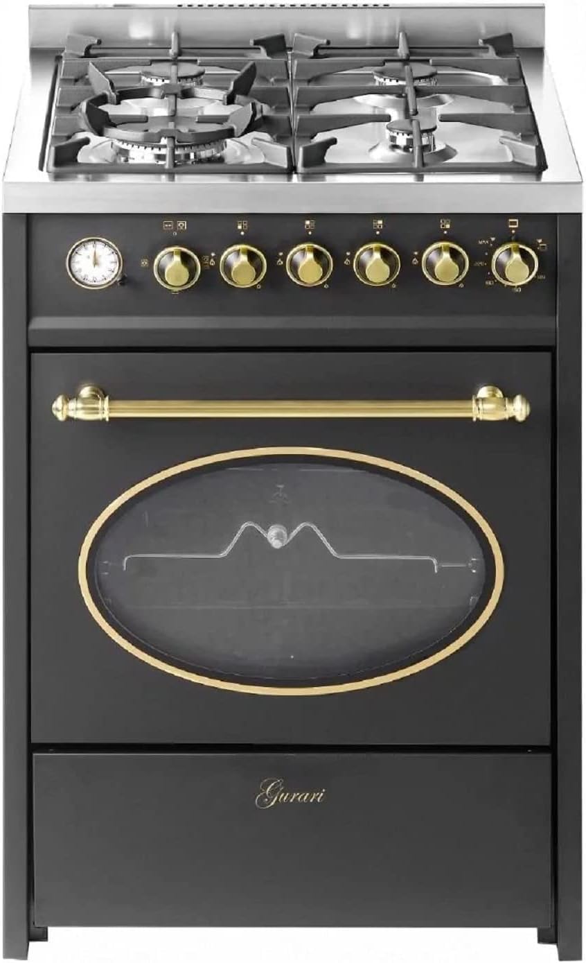 GURARI 614 BL Cuisinière sur pied 60 cm Gaz naturel Fl.Gas 4 Kw WOK, Barbecue à gaz, Range Cooker, Tiroir avec poussette, Contrôle du gaz, tournebroche. Gaz naturel, gaz propane