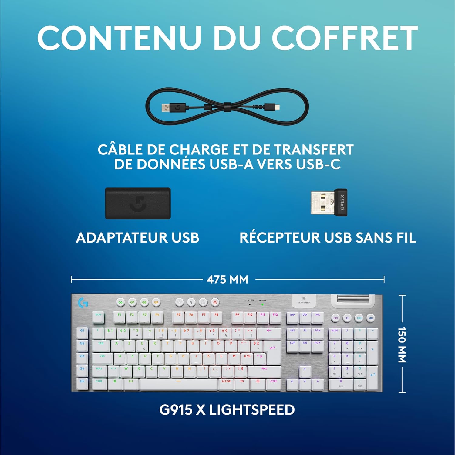 Logitech G915 TKL Tenkeyless LIGHTSPEED Clavier Gamer Mécanique, Switch ultra-plat GL Tactile, RGB LIGHTSYNC, Design élégant et mince, 40+ heures de jeu, Franais AZERTY - Noir