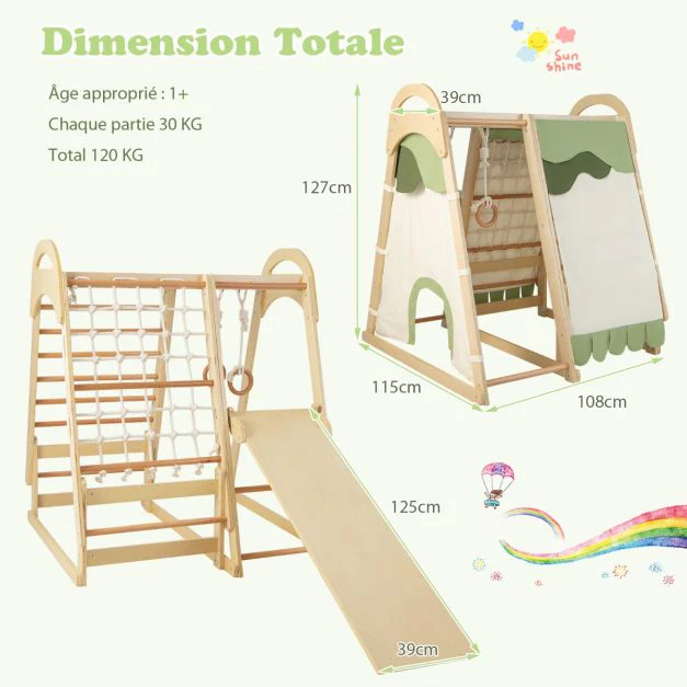 Aire de jeux 6 en 1 pour enfants en bois avec toboggan ensemble de jeux d’escalade charge 120 kg 1 an+ 20_0005150