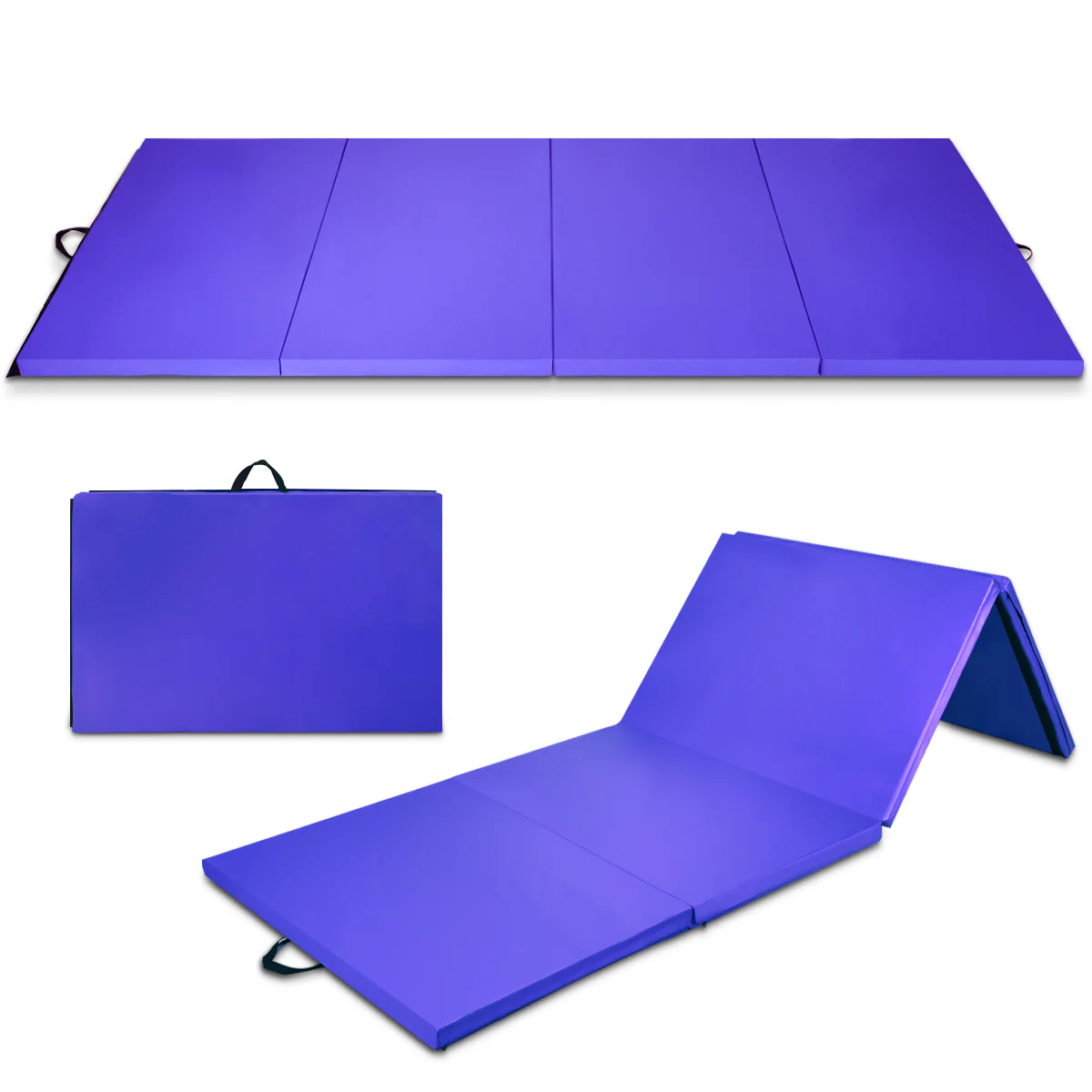 Tapis de gymnastique épais 300 x 116 x 5 cm matelas d'entrainement pliable en mousse et pu détachable avec 2 poignées fermetures à crochet violet 20_0006601