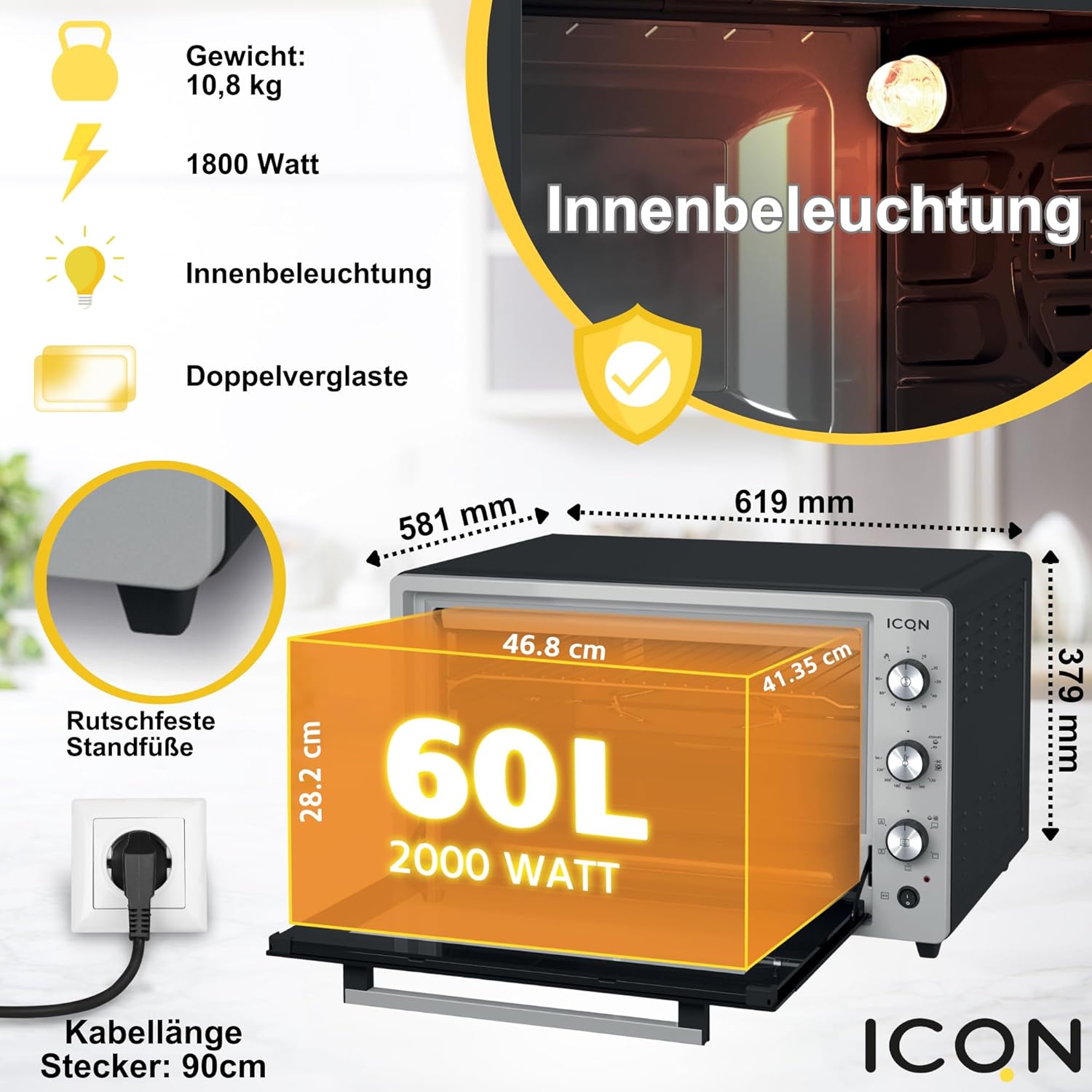 ICQN Mini Four Electrique 60l, 5 Fonctions, 40°-230°C, 2000 W, Anthracite Noir