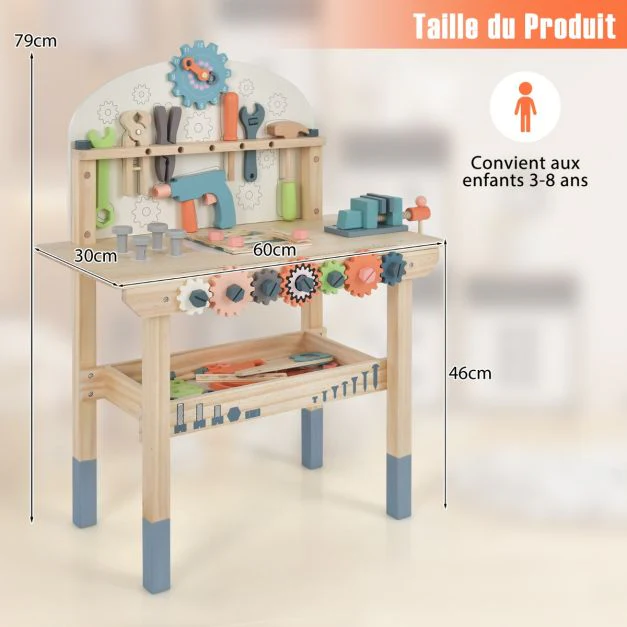 Jouet d'etabli en bois pour enfants avec 8 outils & 53 accessoires jeu d'imitation bricolage avec tableau noir cadeau pour garons et filles de 3-8 ans 20_0005311