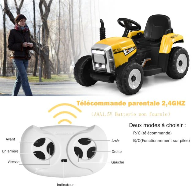 Tracteur electrique avec remorque pour enfants 3 vitesses lumières led fonctions audio usb et bluetooth jaune 20_0006612
